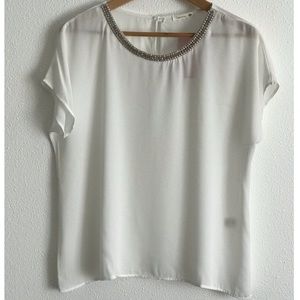 Soprano Sheer White Blouse w/Jeweled Neckline - L